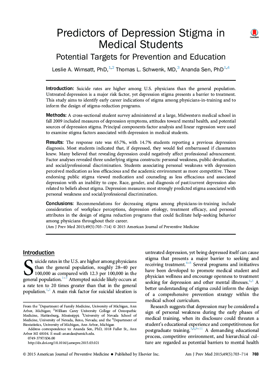 Predictors of Depression Stigma in Medical Students: Potential Targets for Prevention and Education