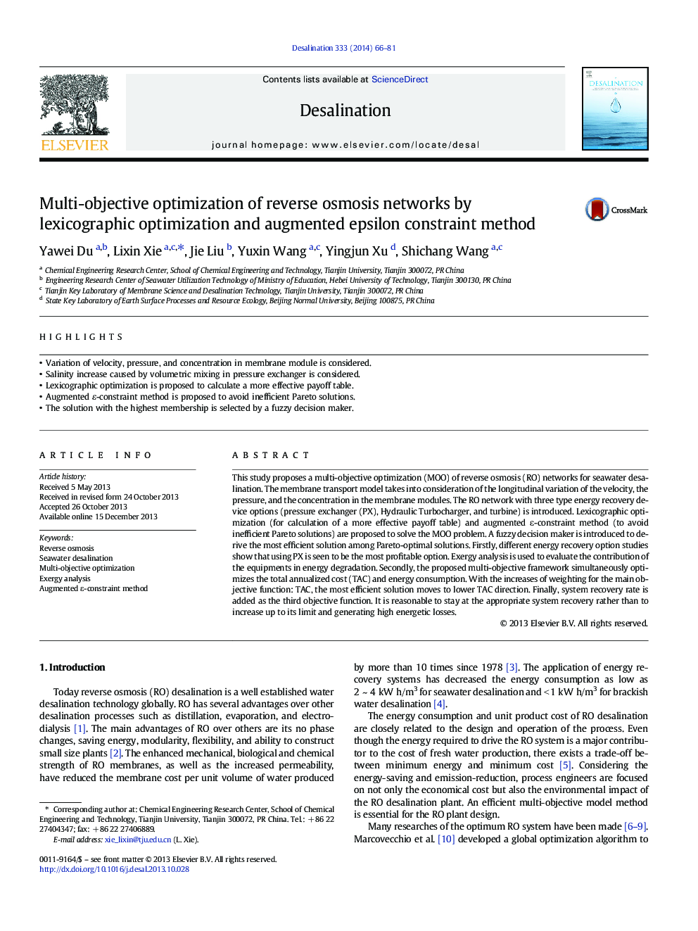 Multi-objective optimization of reverse osmosis networks by lexicographic optimization and augmented epsilon constraint method