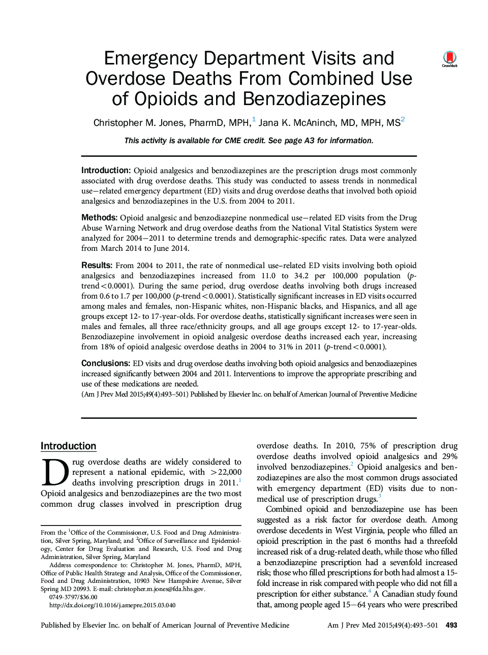 Emergency Department Visits and Overdose Deaths From Combined Use of Opioids and Benzodiazepines