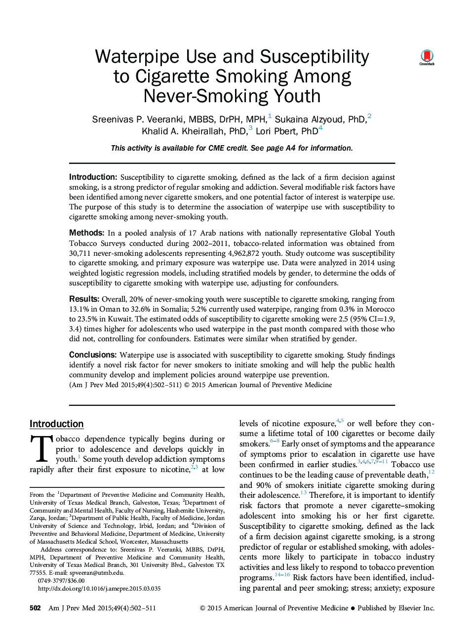 Waterpipe Use and Susceptibility to Cigarette Smoking Among Never-Smoking Youth