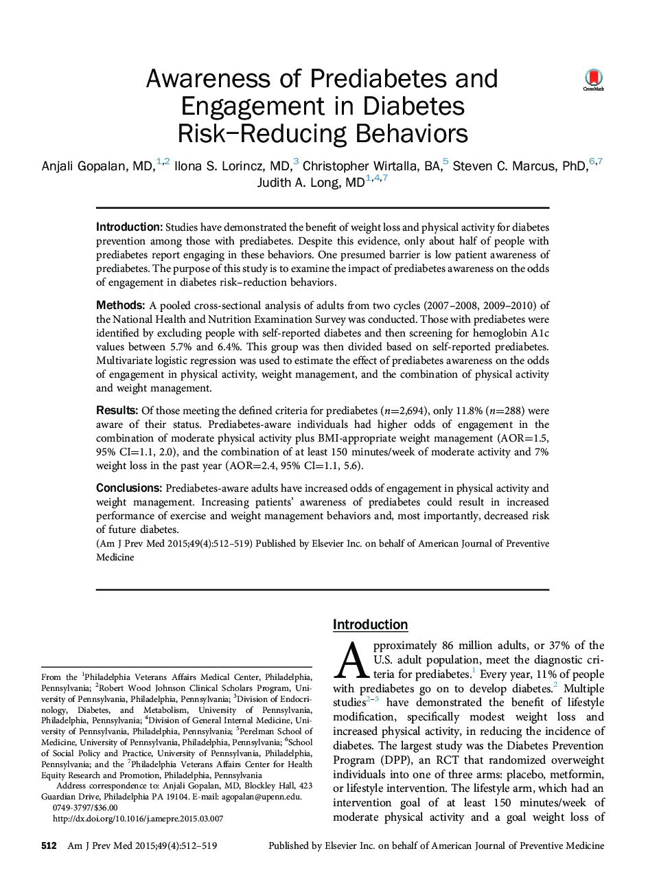 Awareness of Prediabetes and Engagement in Diabetes Risk-Reducing Behaviors