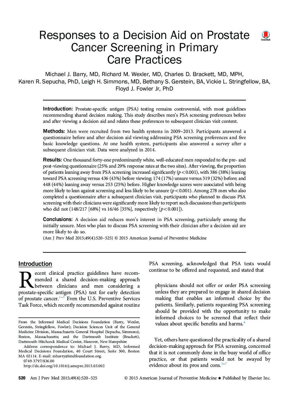 Responses to a Decision Aid on Prostate Cancer Screening in Primary Care Practices