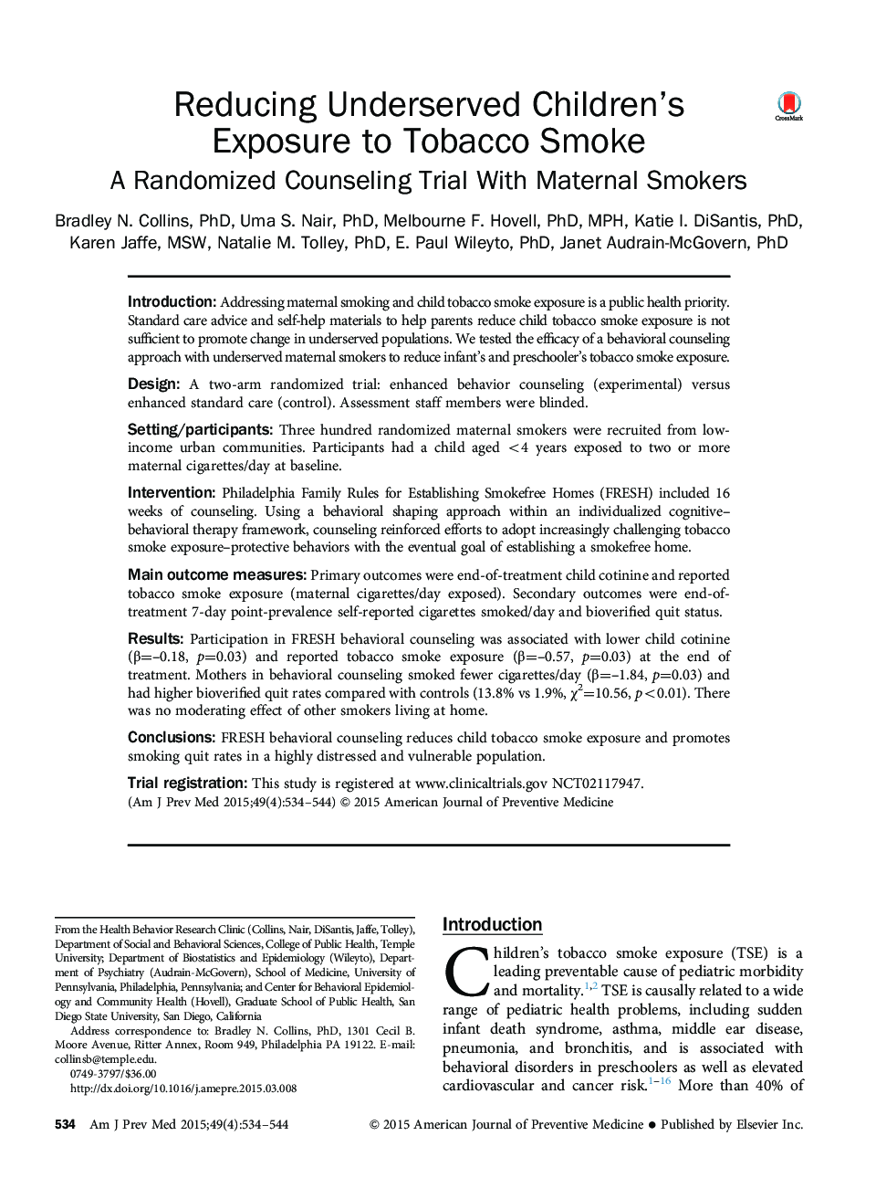 Reducing Underserved Children's Exposure to Tobacco Smoke: A Randomized Counseling Trial With Maternal Smokers