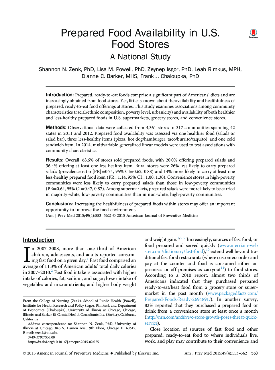 Prepared Food Availability in U.S. Food Stores: A National Study