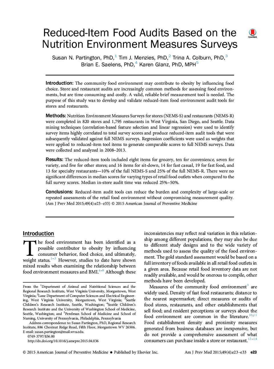 Reduced-Item Food Audits Based on the Nutrition Environment Measures Surveys