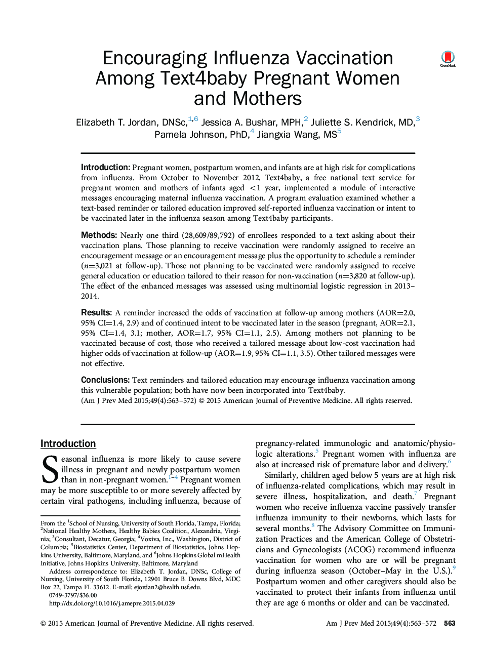 Encouraging Influenza Vaccination Among Text4baby Pregnant Women and Mothers