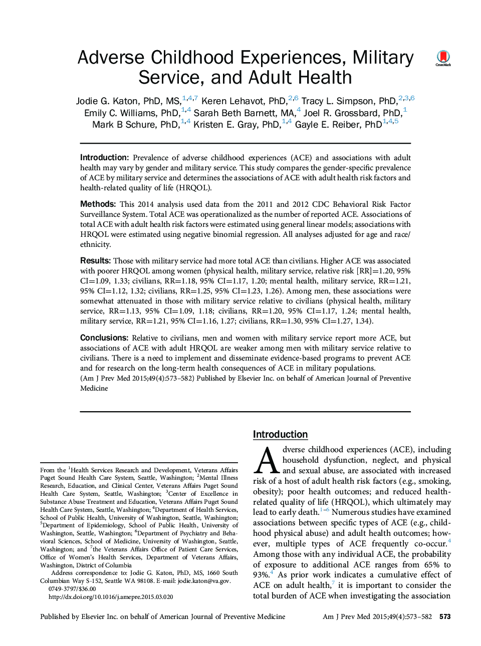 Adverse Childhood Experiences, Military Service, and Adult Health