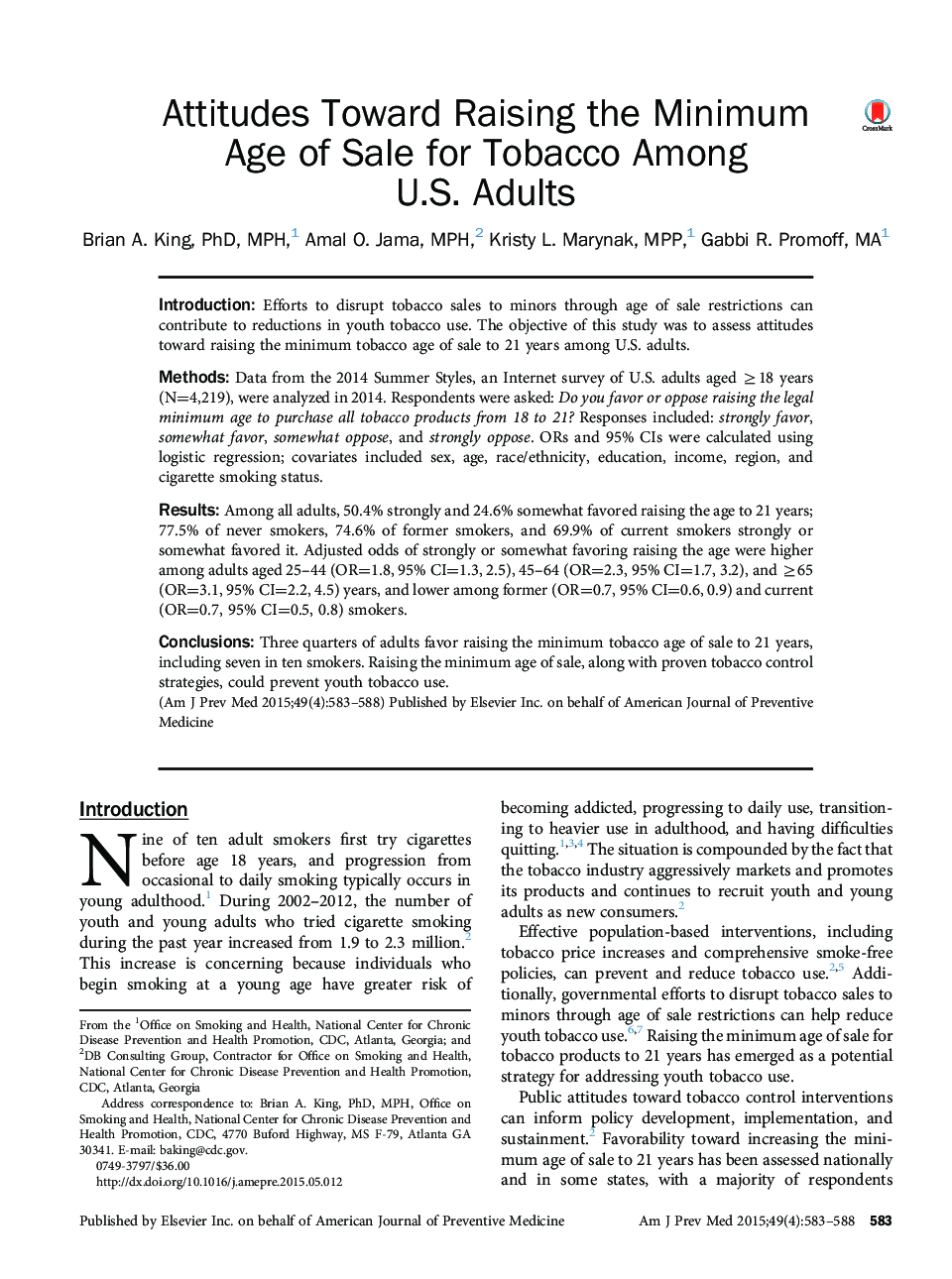Attitudes Toward Raising the Minimum Age of Sale for Tobacco Among U.S. Adults