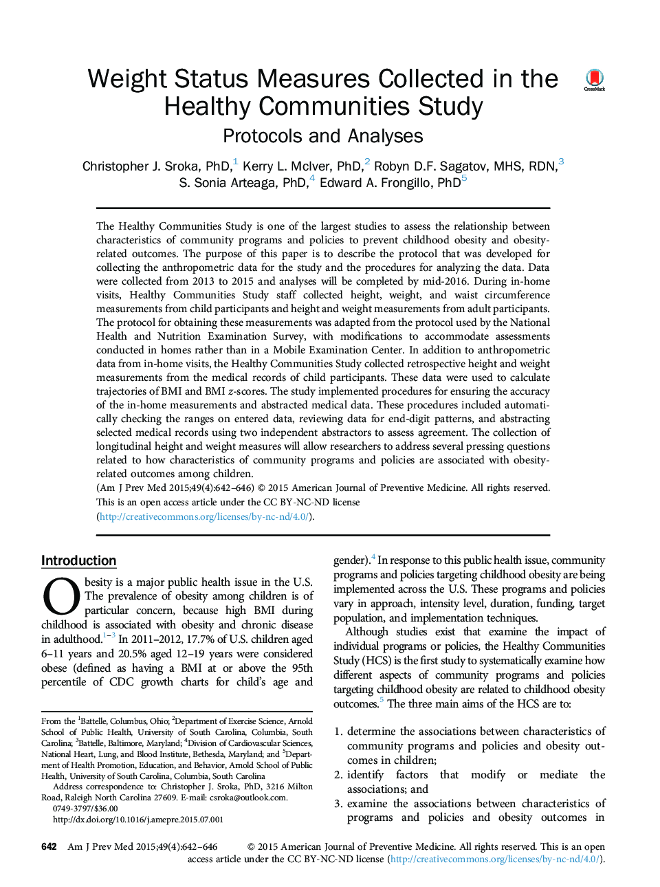 Weight Status Measures Collected in the Healthy Communities Study: Protocols and Analyses
