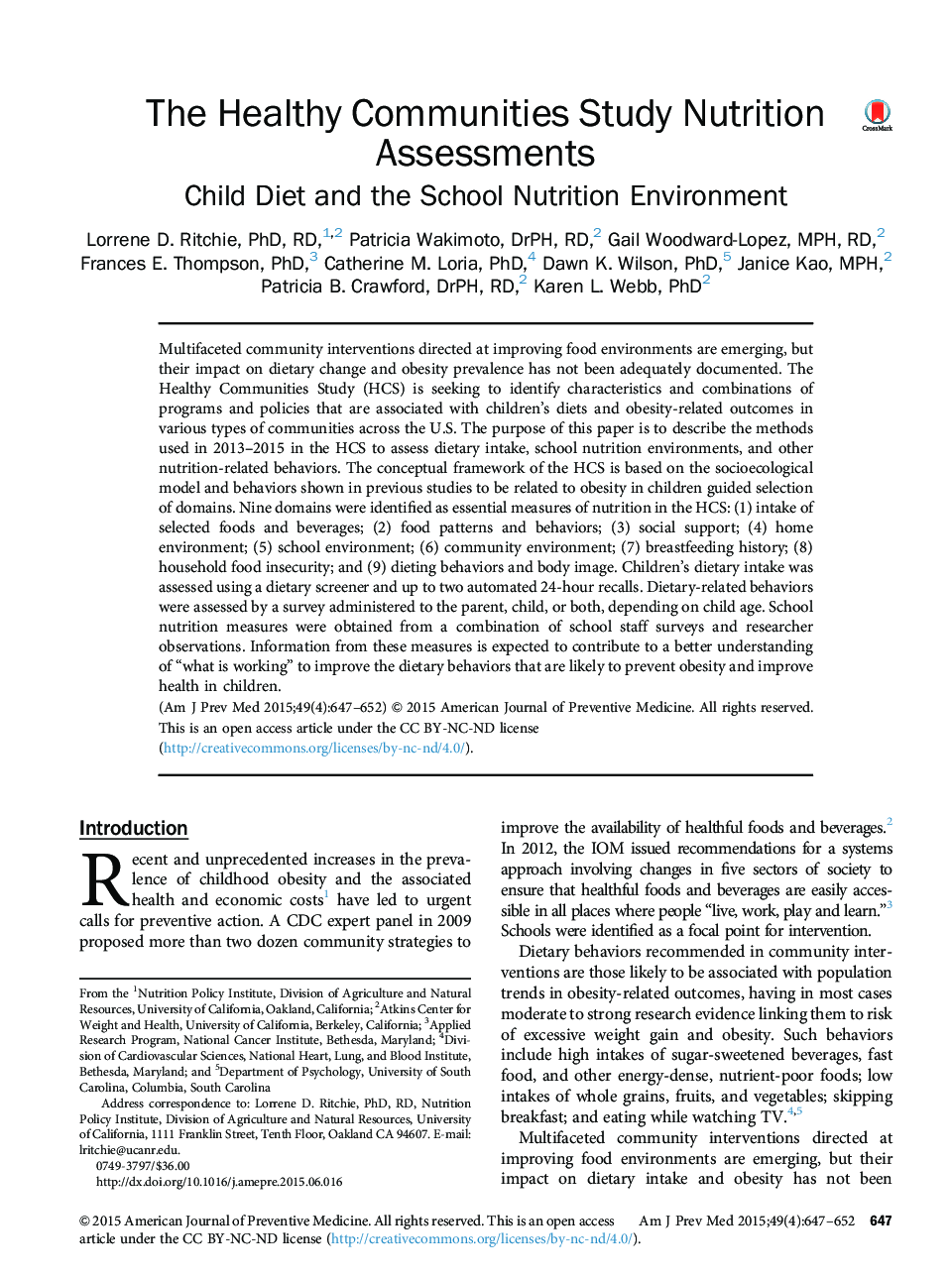 The Healthy Communities Study Nutrition Assessments: Child Diet and the School Nutrition Environment