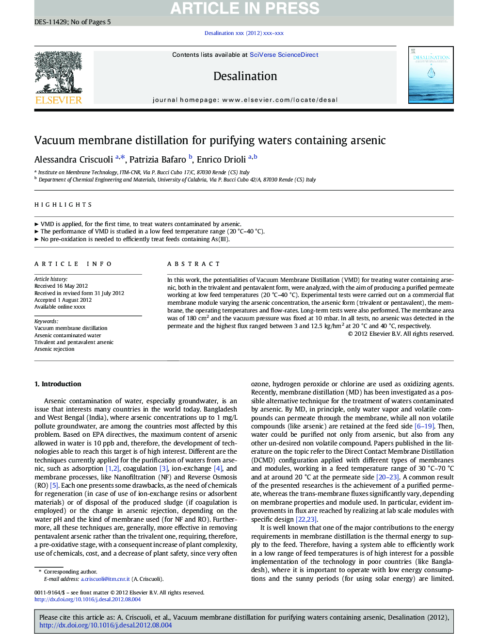 Vacuum membrane distillation for purifying waters containing arsenic