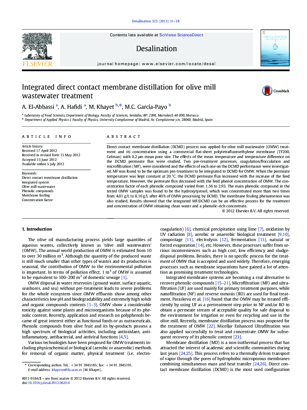 Integrated direct contact membrane distillation for olive mill wastewater treatment