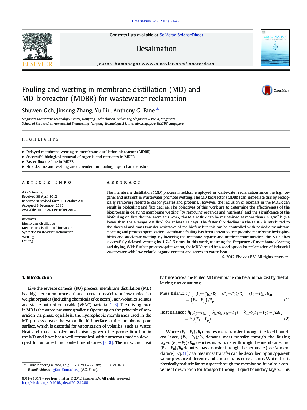 Fouling and wetting in membrane distillation (MD) and MD-bioreactor (MDBR) for wastewater reclamation
