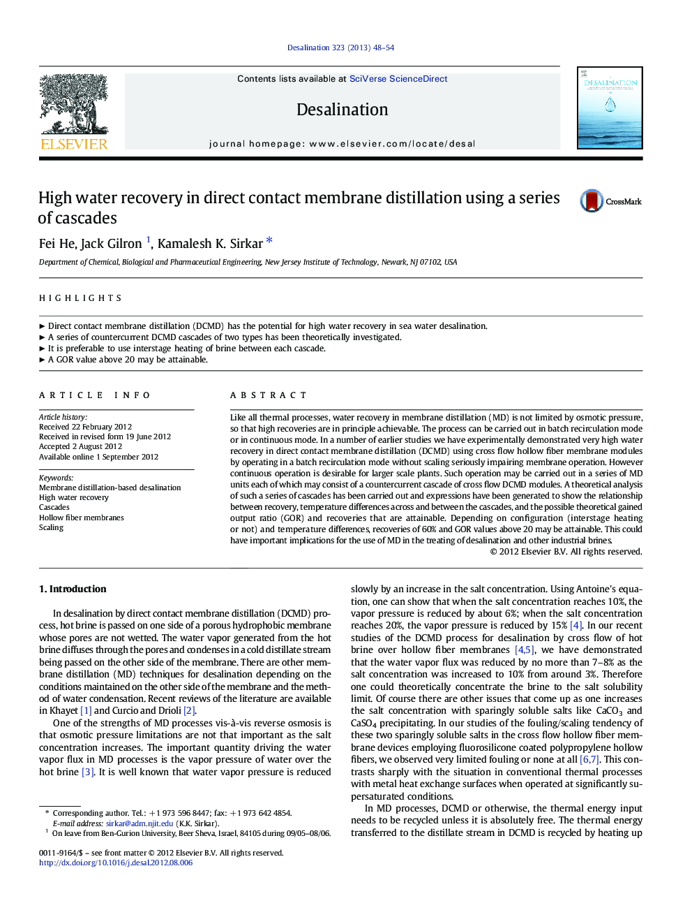 High water recovery in direct contact membrane distillation using a series of cascades