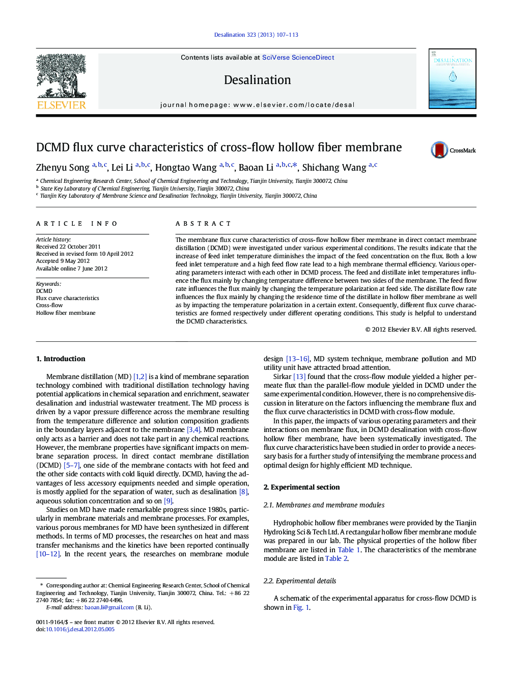 DCMD flux curve characteristics of cross-flow hollow fiber membrane