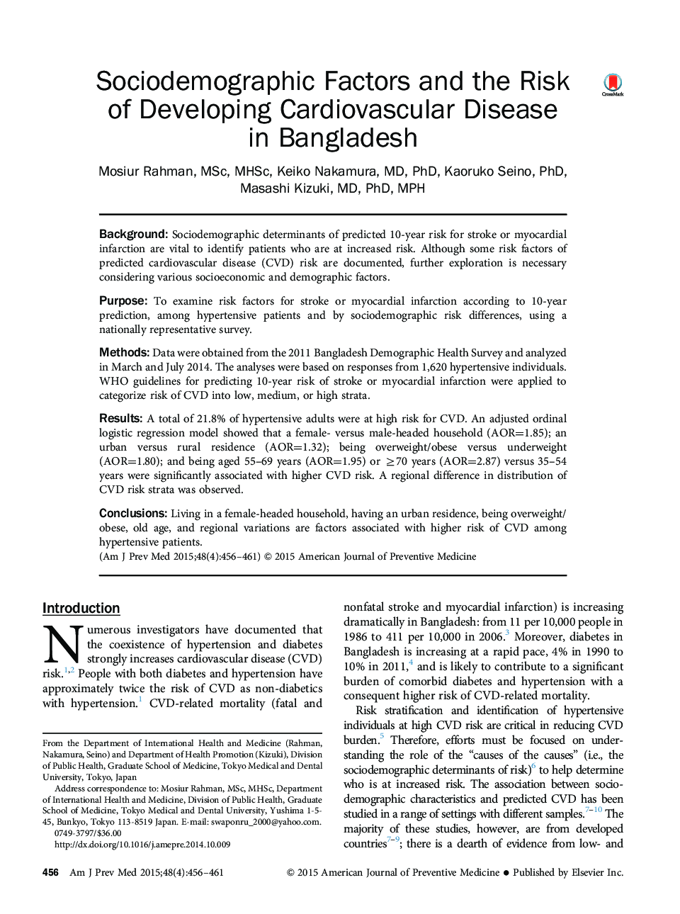 Sociodemographic Factors and the Risk of Developing Cardiovascular Disease in Bangladesh