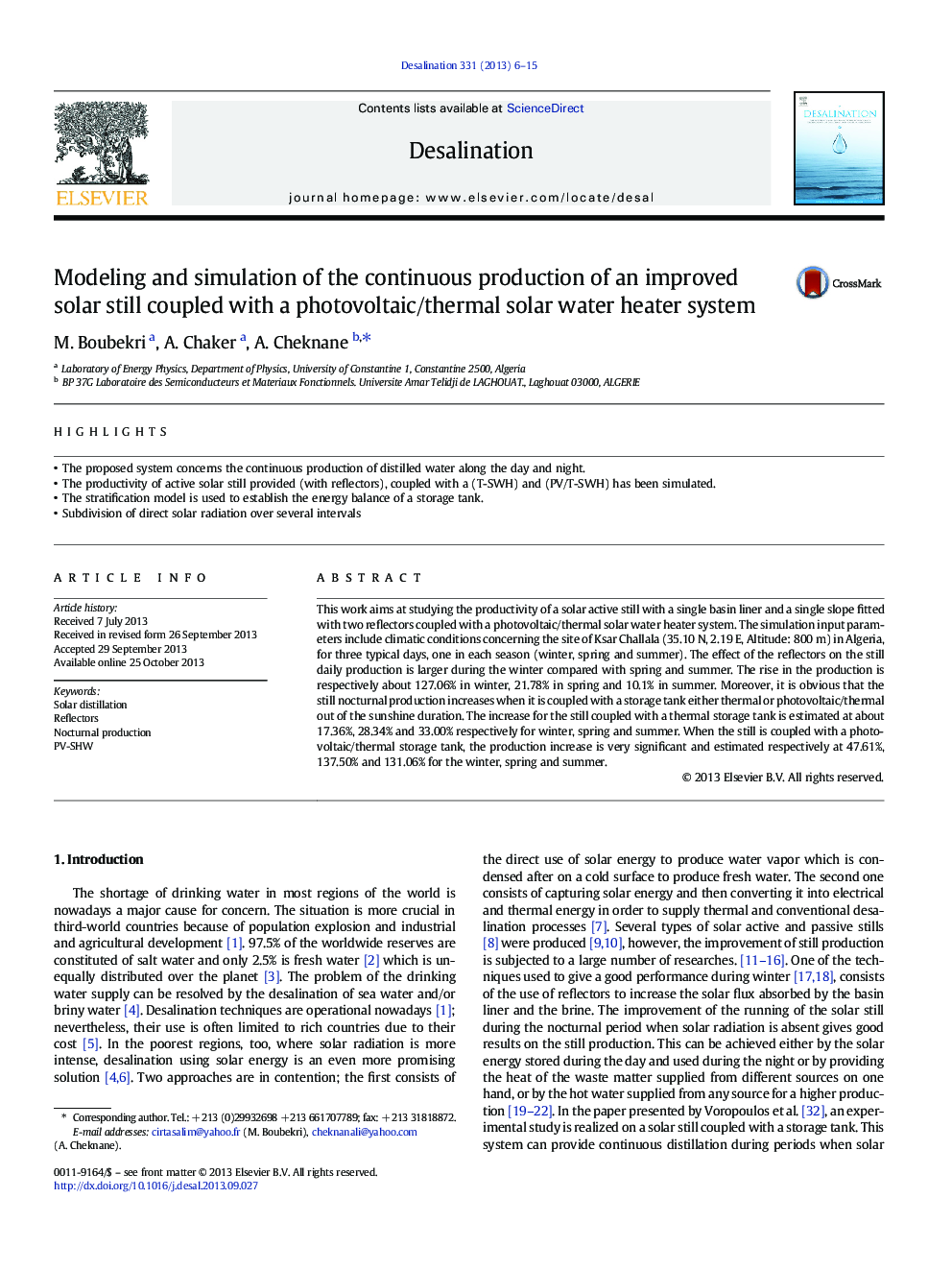 Modeling and simulation of the continuous production of an improved solar still coupled with a photovoltaic/thermal solar water heater system