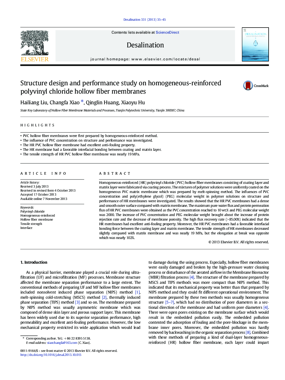 Structure design and performance study on homogeneous-reinforced polyvinyl chloride hollow fiber membranes