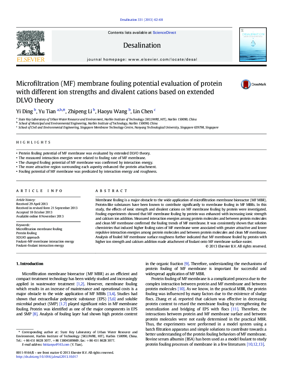 Microfiltration (MF) membrane fouling potential evaluation of protein with different ion strengths and divalent cations based on extended DLVO theory