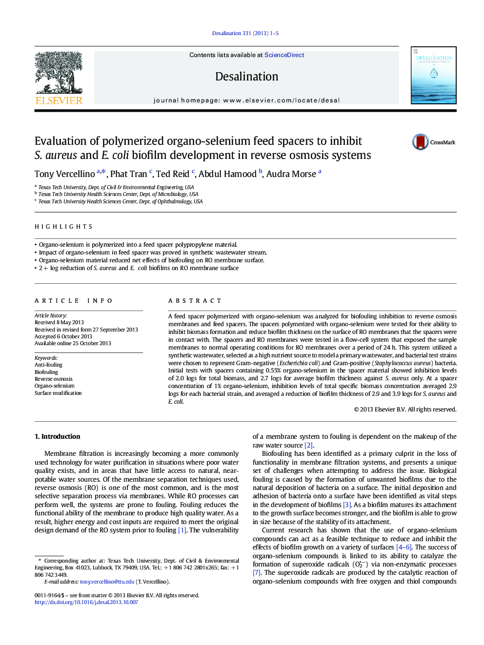 Evaluation of polymerized organo-selenium feed spacers to inhibit S. aureus and E. coli biofilm development in reverse osmosis systems