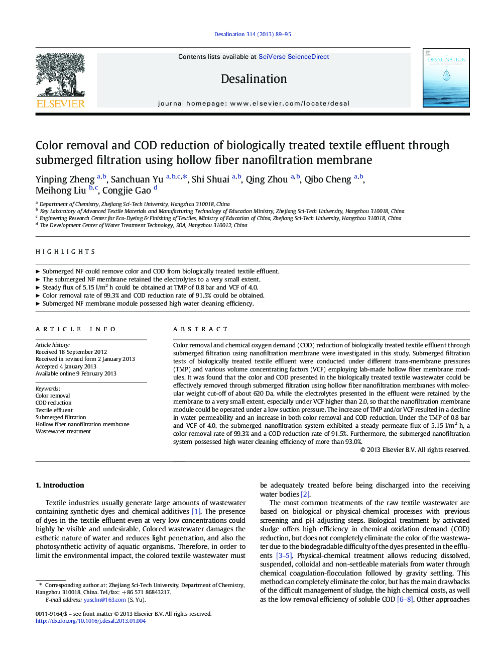 Color removal and COD reduction of biologically treated textile effluent through submerged filtration using hollow fiber nanofiltration membrane
