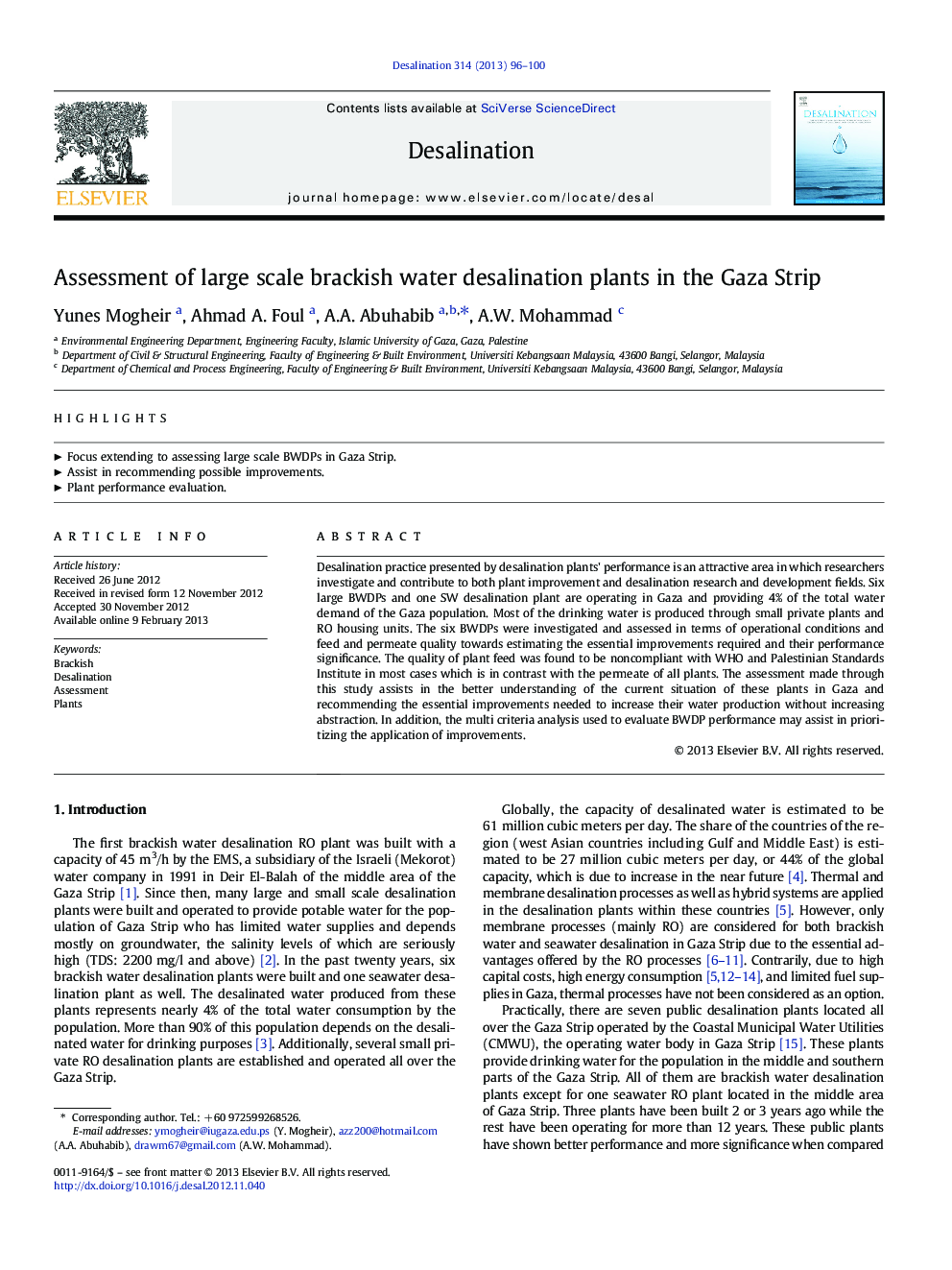 Assessment of large scale brackish water desalination plants in the Gaza Strip