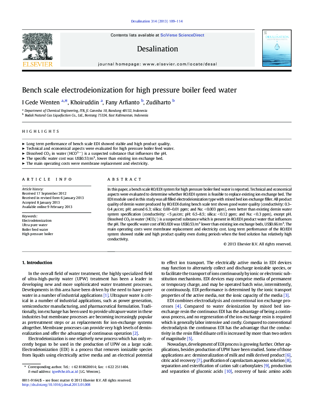 عکس صفحه اول مقاله: Bench scale electrodeionization for high pressure boiler feed water Bench scale electrodeionization for high pressure boiler feed water