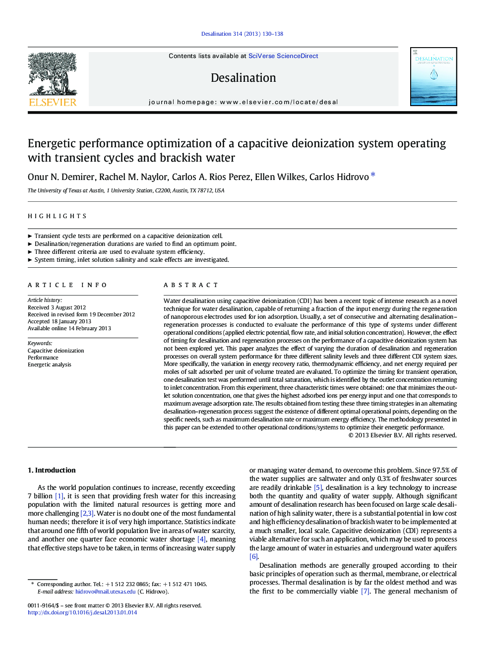 Energetic performance optimization of a capacitive deionization system operating with transient cycles and brackish water