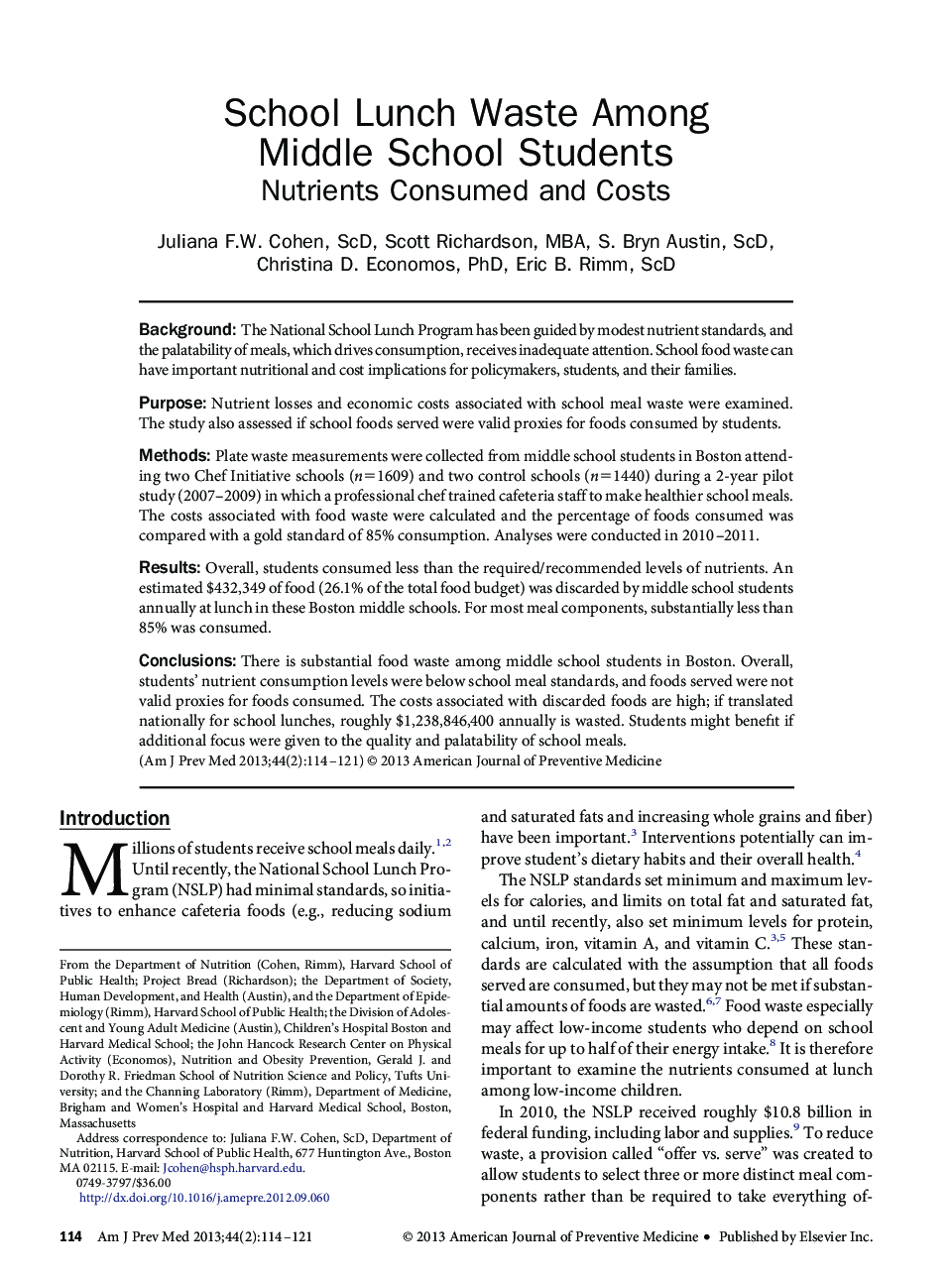 School Lunch Waste Among Middle School Students: Nutrients Consumed and Costs