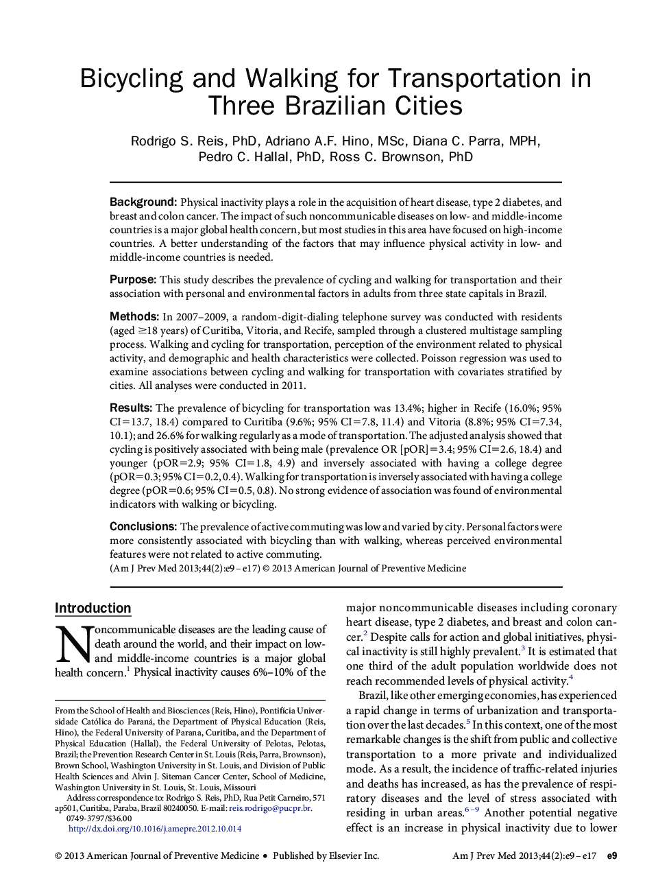 Bicycling and Walking for Transportation in Three Brazilian Cities