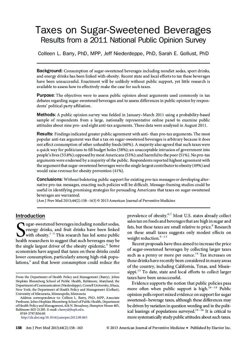 Taxes on Sugar-Sweetened Beverages: Results from a 2011 National Public Opinion Survey