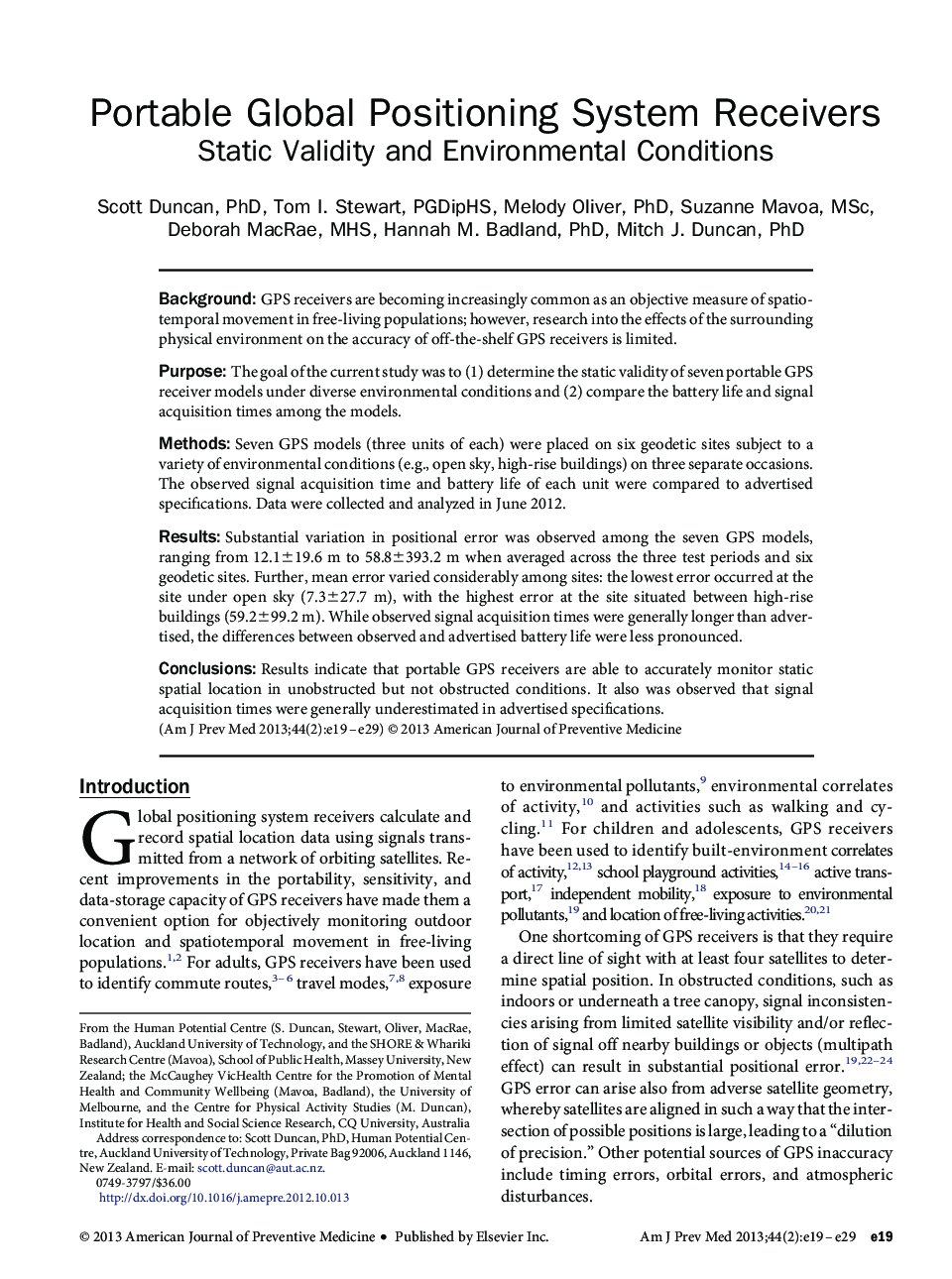Portable Global Positioning System Receivers: Static Validity and Environmental Conditions