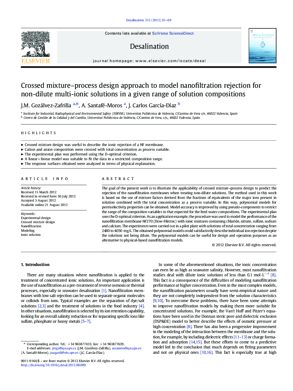 Crossed mixture–process design approach to model nanofiltration rejection for non-dilute multi-ionic solutions in a given range of solution compositions