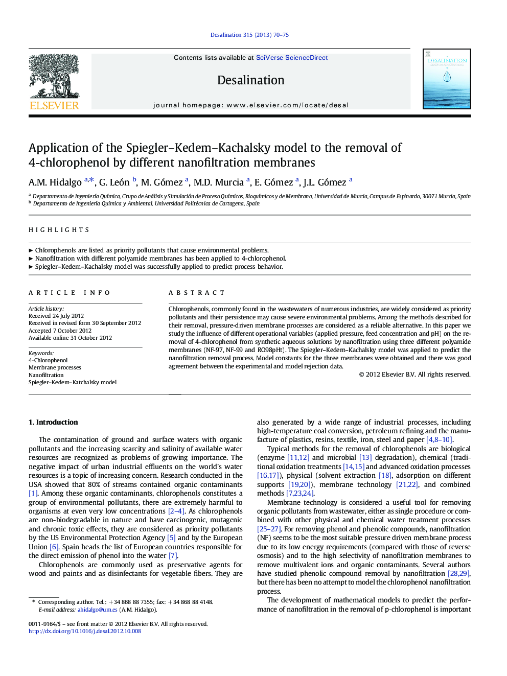 Application of the Spiegler–Kedem–Kachalsky model to the removal of 4-chlorophenol by different nanofiltration membranes