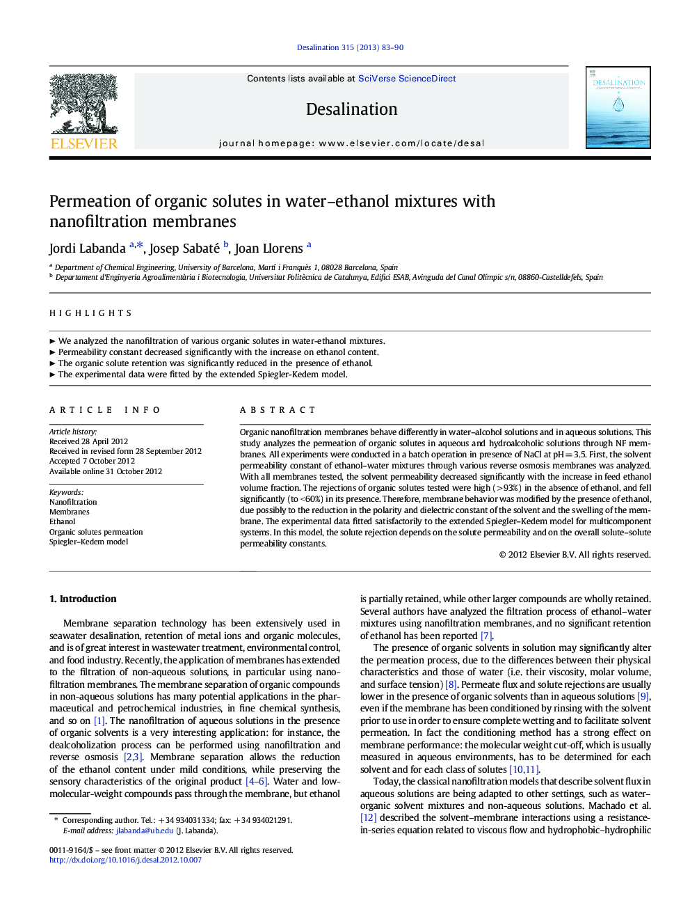 Permeation of organic solutes in water-ethanol mixtures with nanofiltration membranes