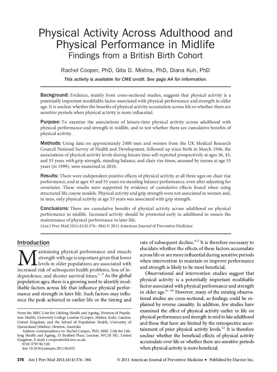 Physical Activity Across Adulthood and Physical Performance in Midlife: Findings from a British Birth Cohort