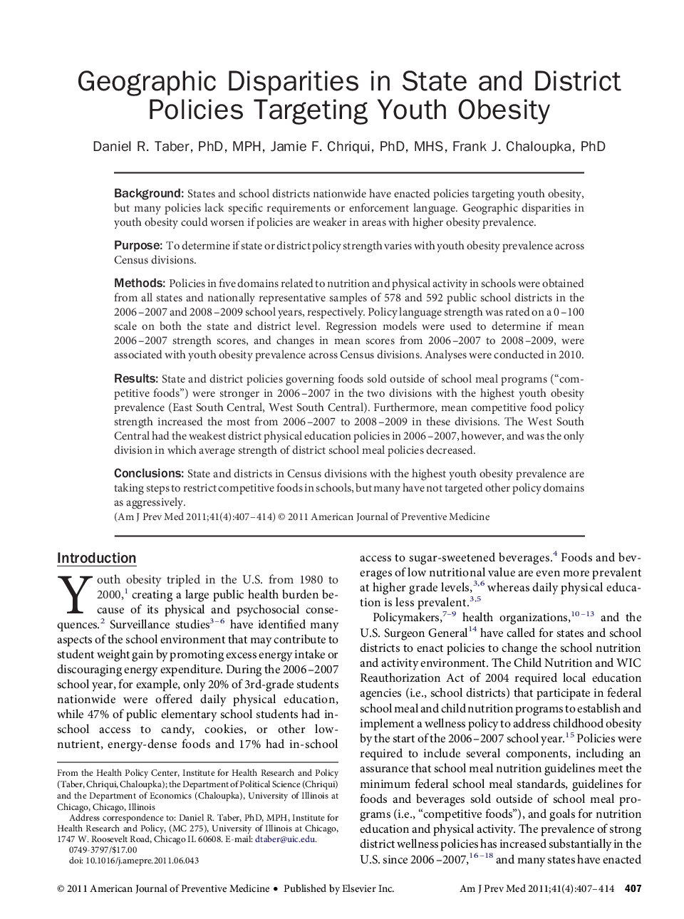 Geographic Disparities in State and District Policies Targeting Youth Obesity