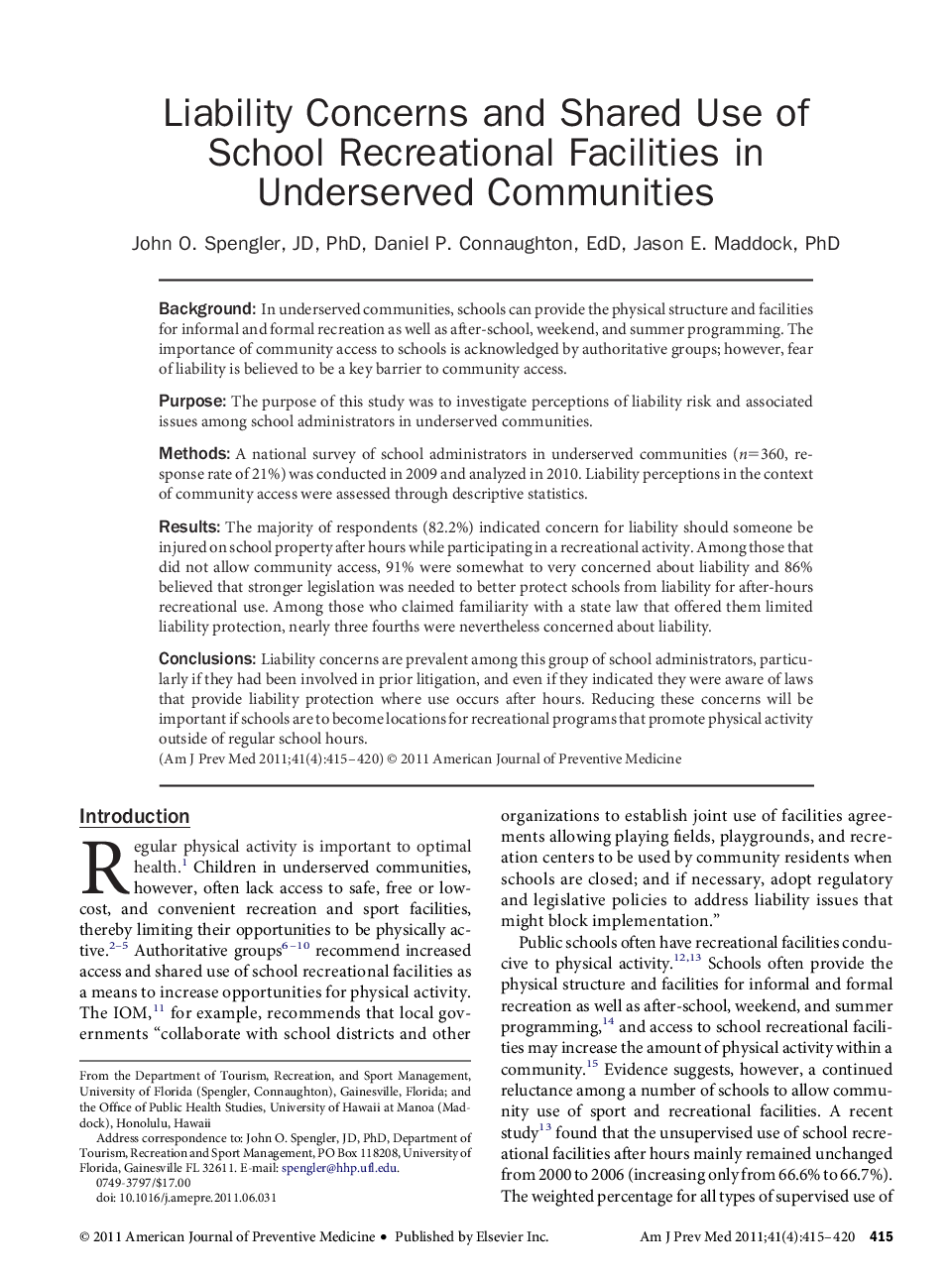 Liability Concerns and Shared Use of School Recreational Facilities in Underserved Communities