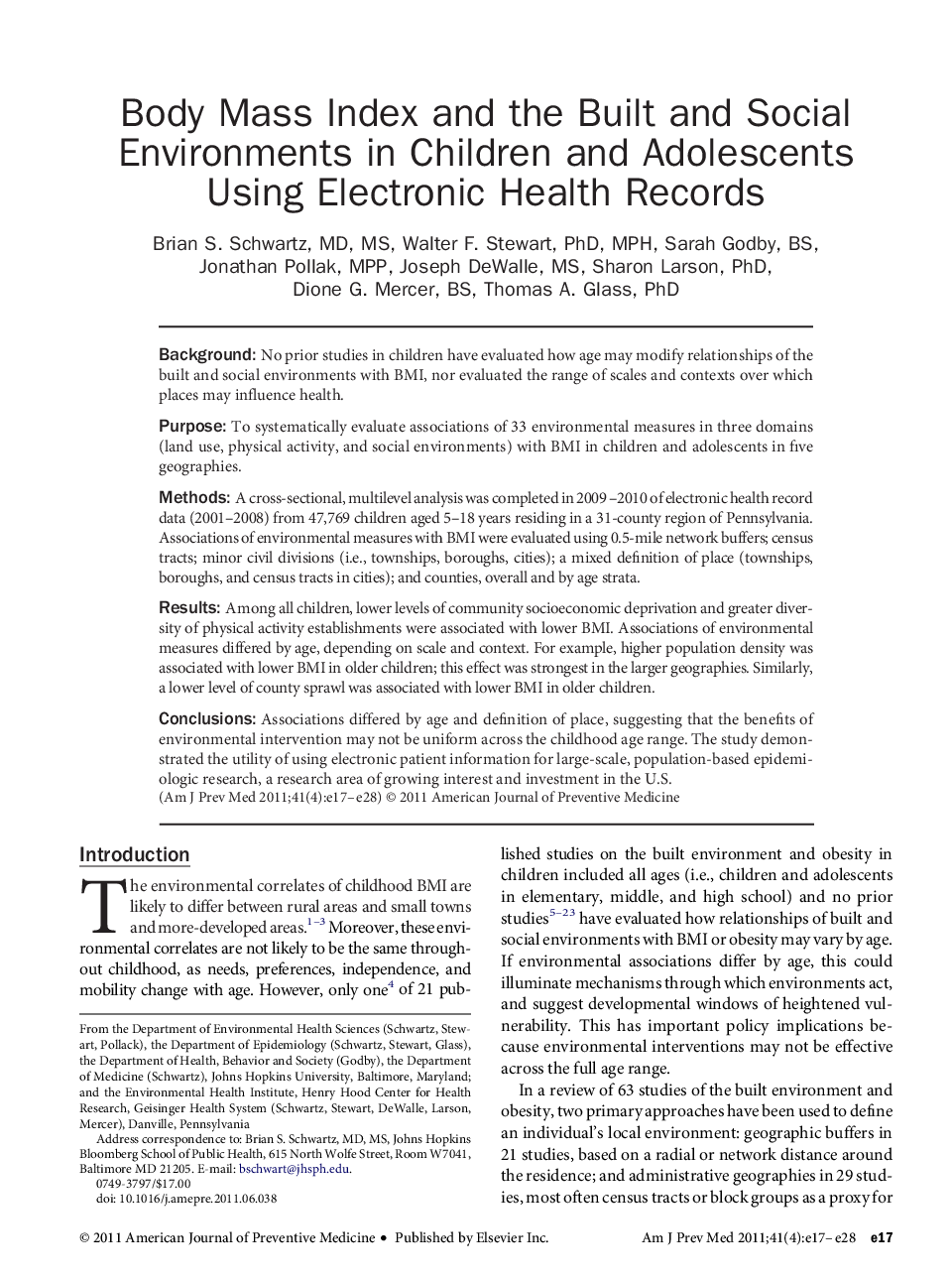 Body Mass Index and the Built and Social Environments in Children and Adolescents Using Electronic Health Records