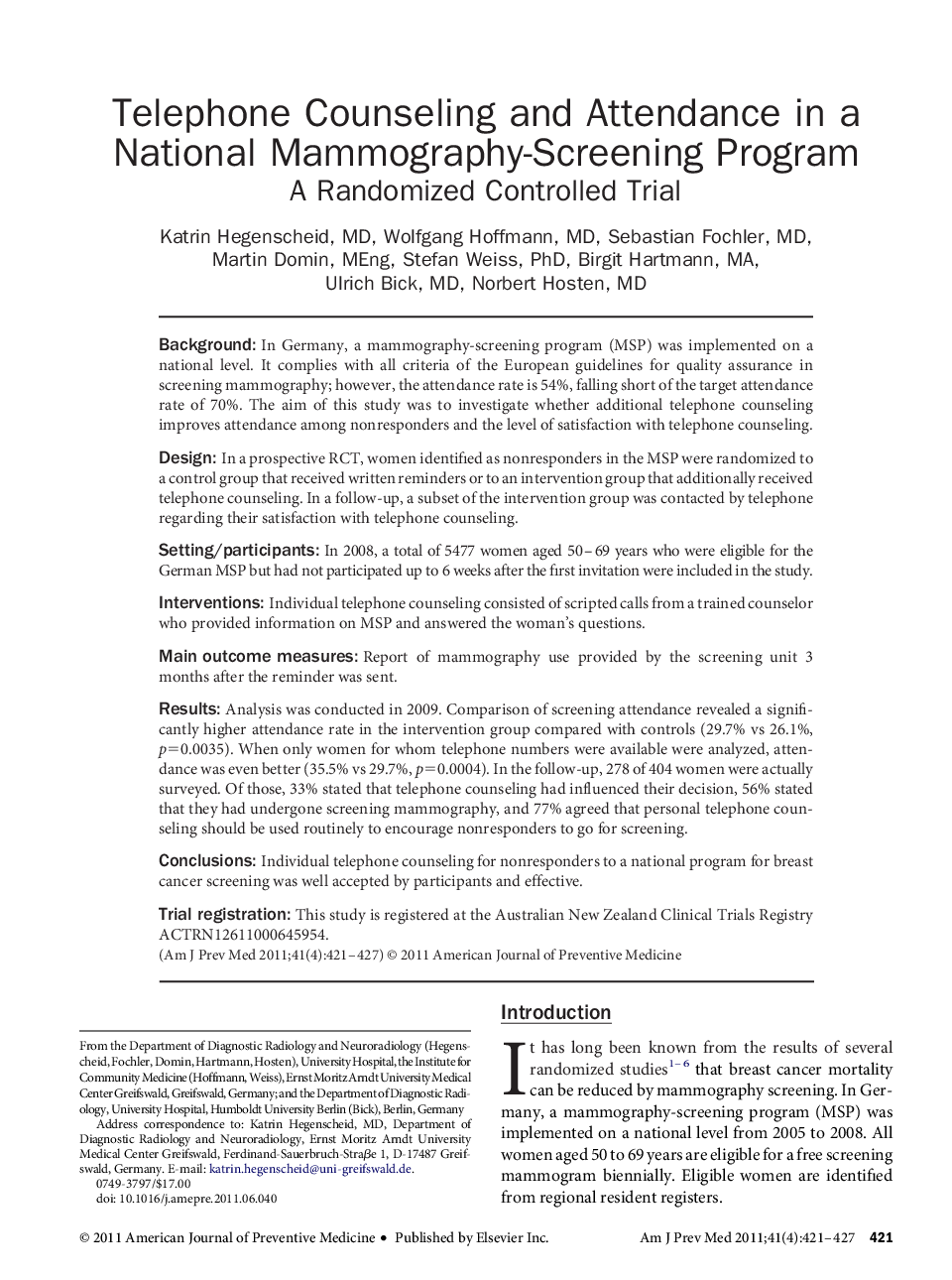 Telephone Counseling and Attendance in a National Mammography-Screening Program: A Randomized Controlled Trial