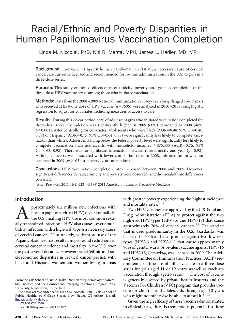 Racial/Ethnic and Poverty Disparities in Human Papillomavirus Vaccination Completion
