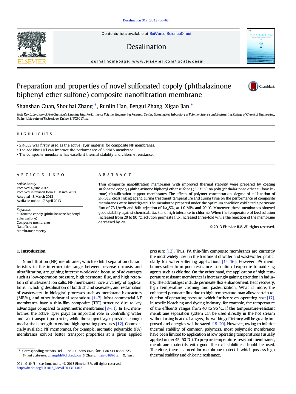 Preparation and properties of novel sulfonated copoly (phthalazinone biphenyl ether sulfone) composite nanofiltration membrane