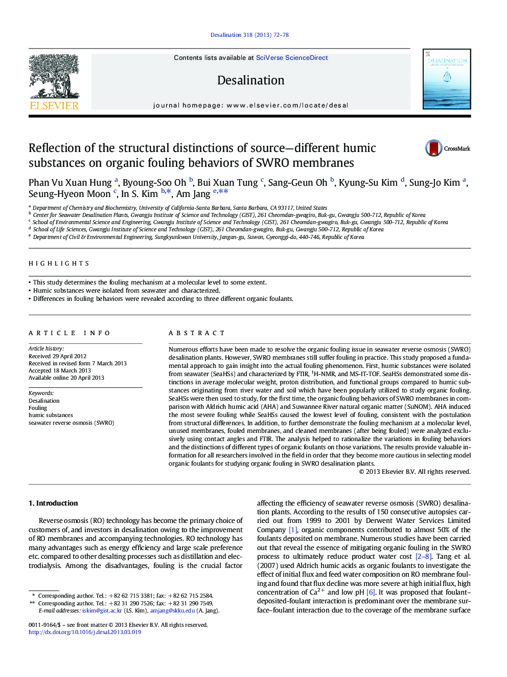 Reflection of the structural distinctions of source—different humic substances on organic fouling behaviors of SWRO membranes