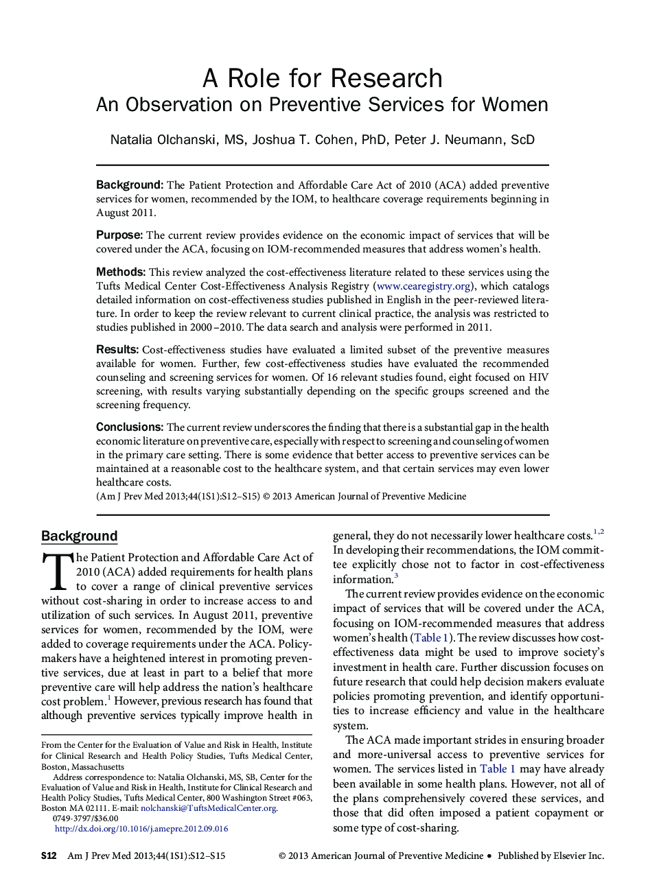 A Role for Research: An Observation on Preventive Services for Women
