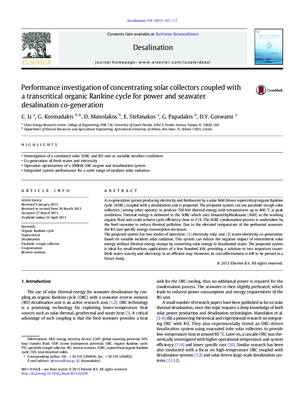 Performance investigation of concentrating solar collectors coupled with a transcritical organic Rankine cycle for power and seawater desalination co-generation
