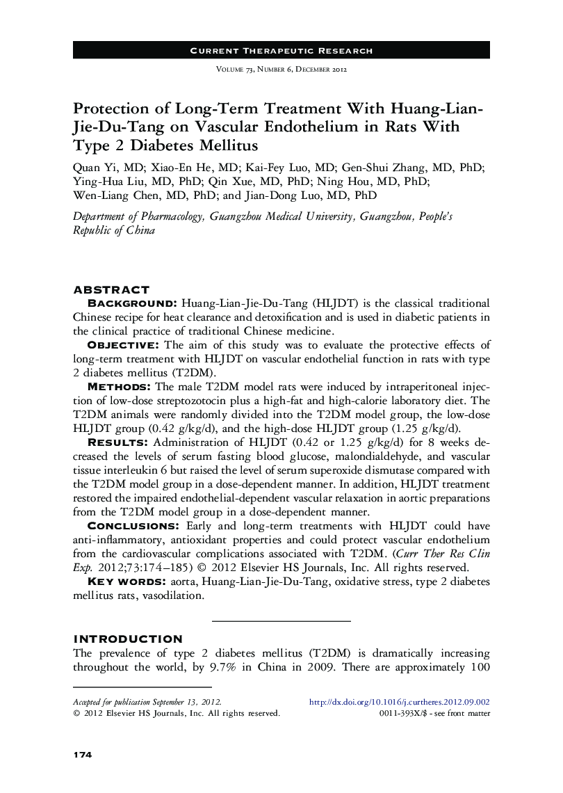 Protection of Long-Term Treatment With Huang-Lian-Jie-Du-Tang on Vascular Endothelium in Rats With Type 2 Diabetes Mellitus