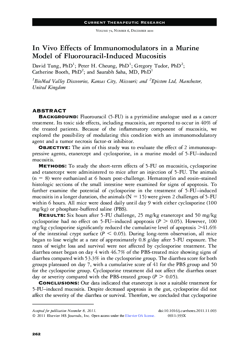 In Vivo Effects of Immunomodulators in a Murine Model of Fluorouracil-Induced Mucositis