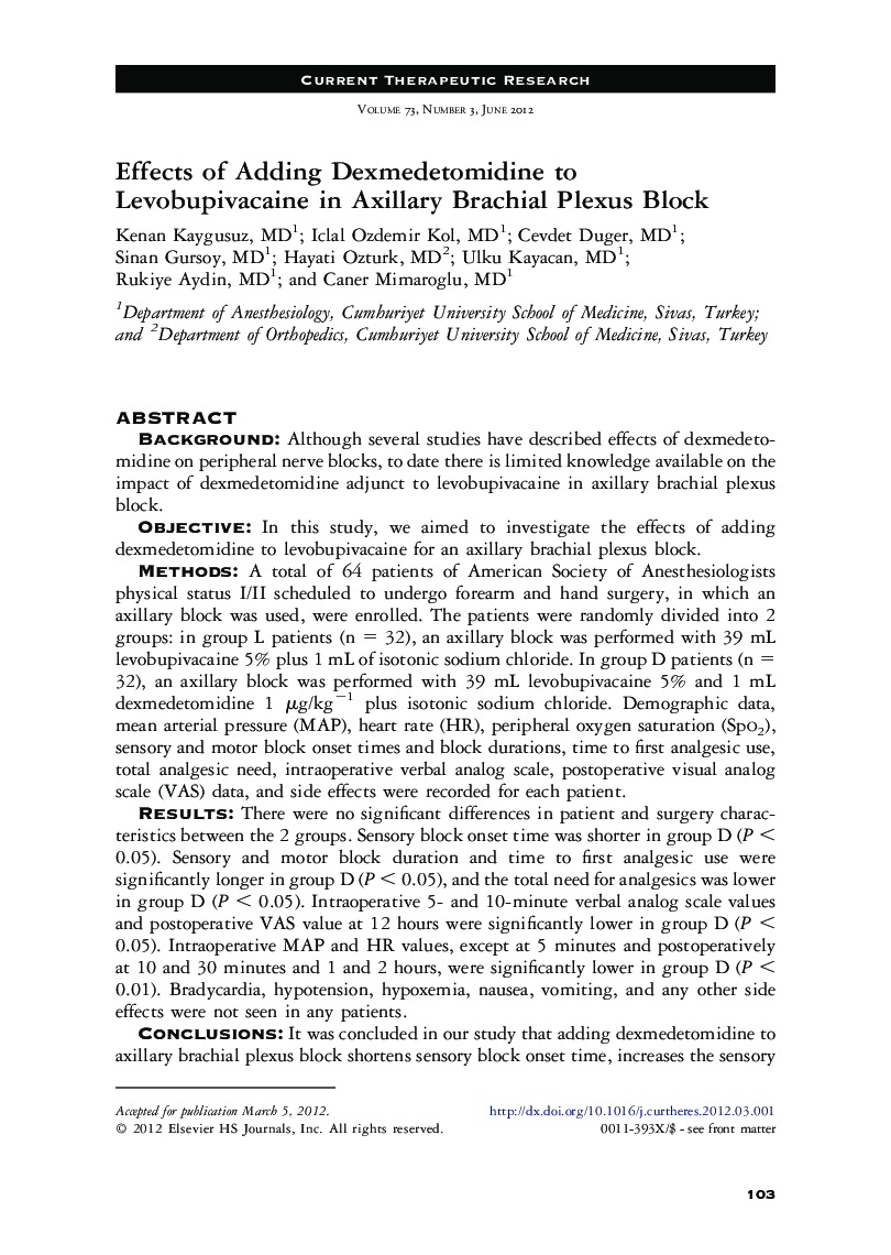 Effects of Adding Dexmedetomidine to Levobupivacaine in Axillary Brachial Plexus Block