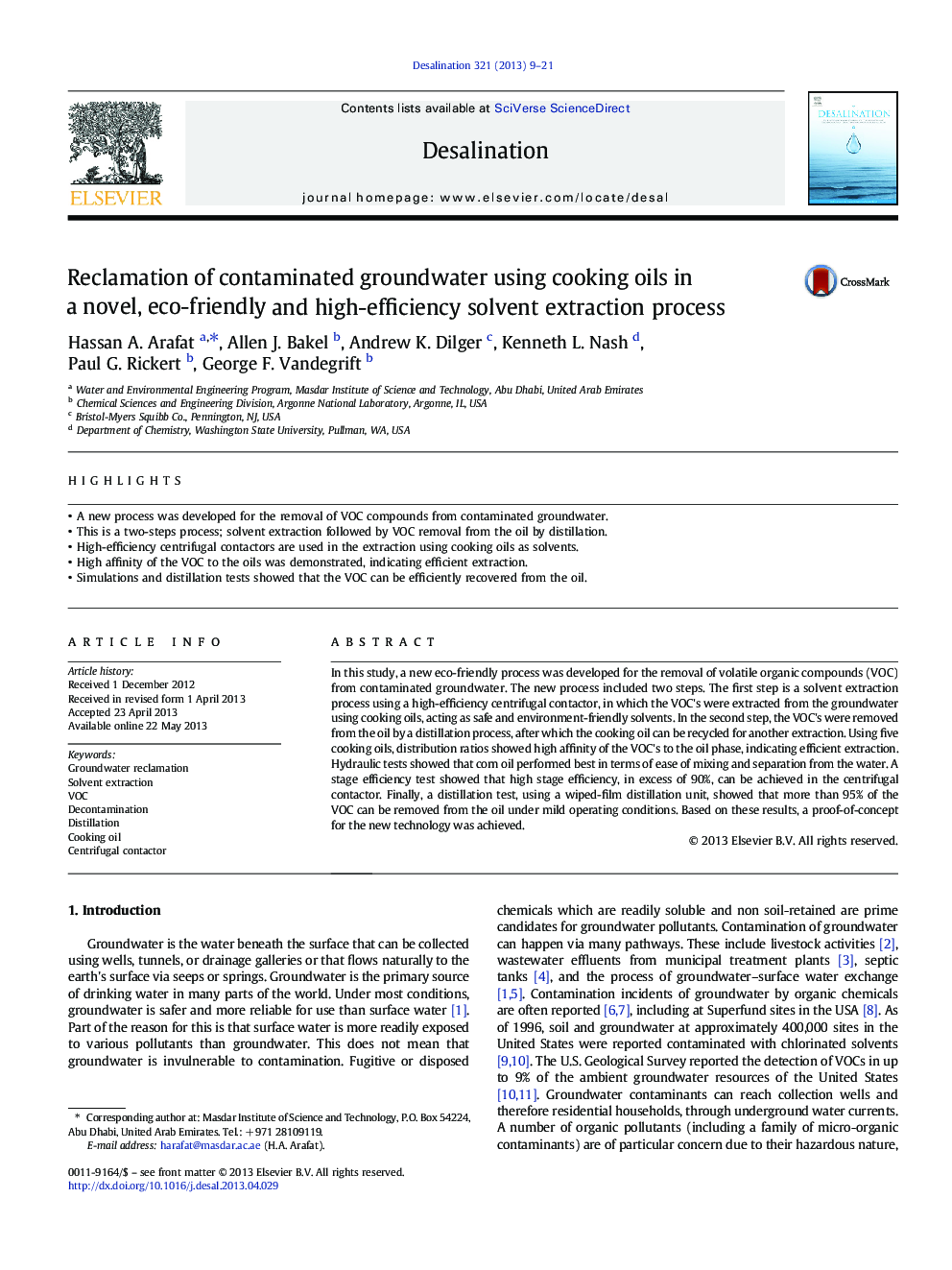 Reclamation of contaminated groundwater using cooking oils in a novel, eco-friendly and high-efficiency solvent extraction process