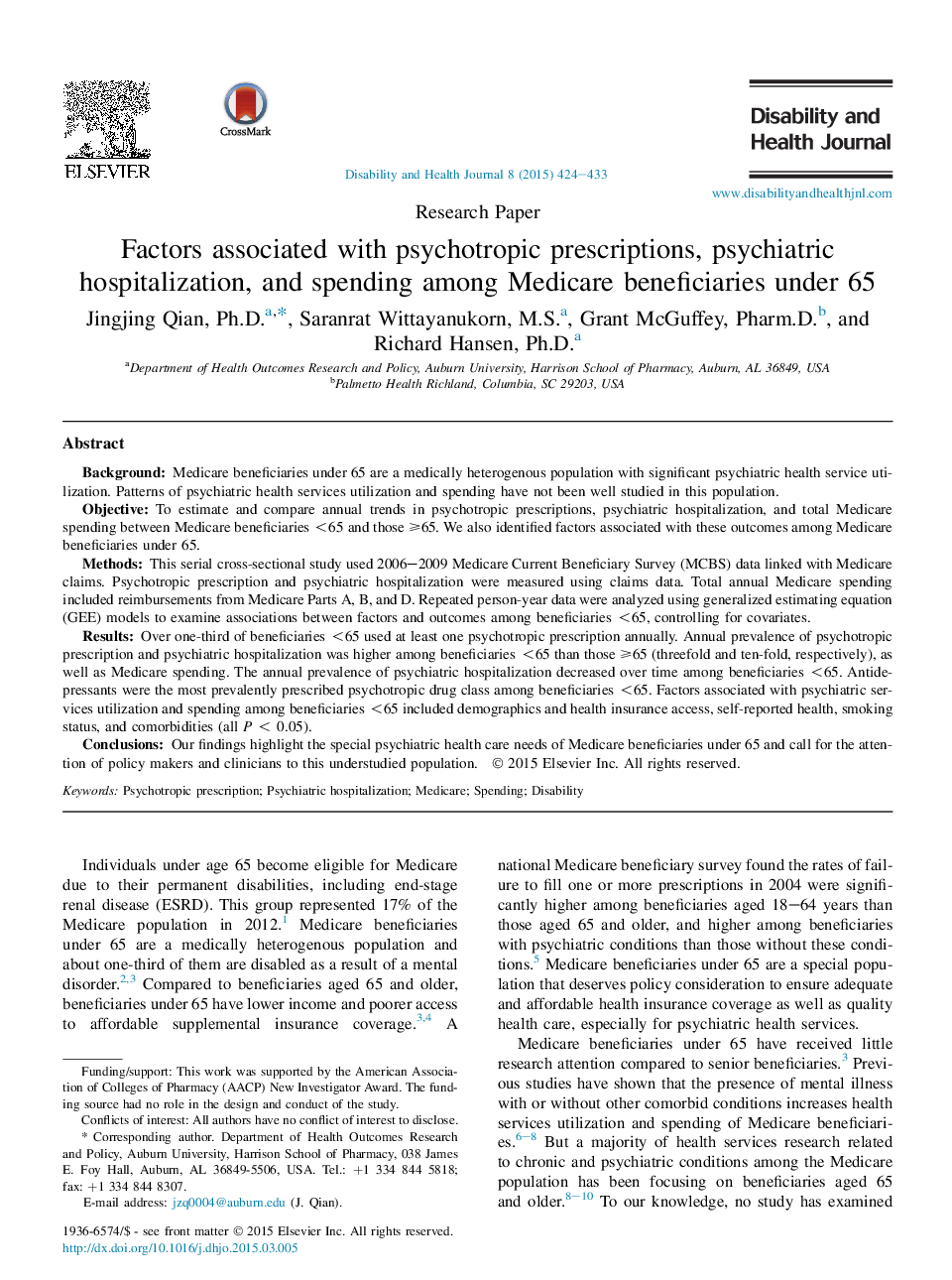 Factors associated with psychotropic prescriptions, psychiatric hospitalization, and spending among Medicare beneficiaries under 65